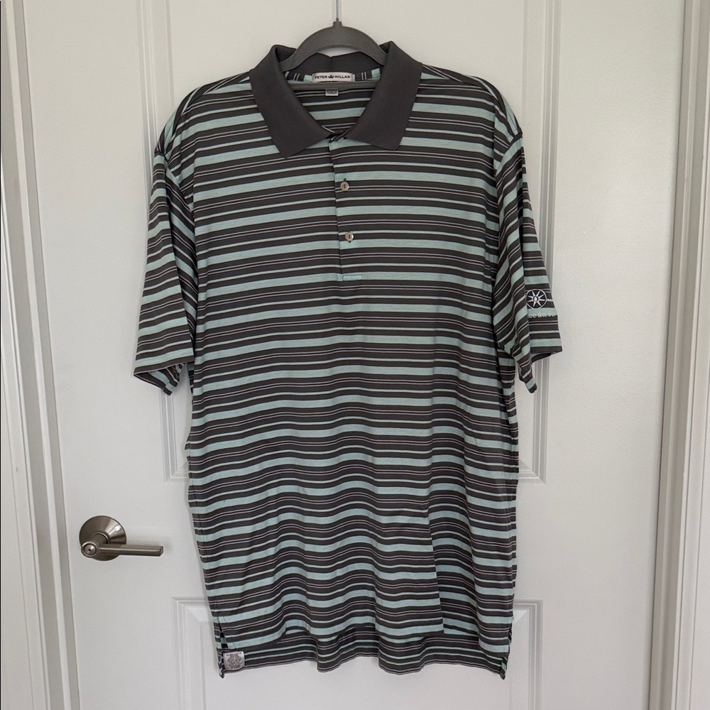Peter Millar Gray and Green Striped Golf Polo Shirt